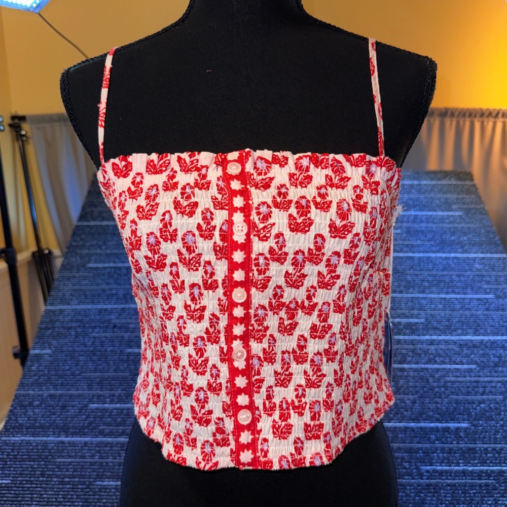 Roller Rabbit Tank Top Womens M Red White Floral NEW Smocked Cropped